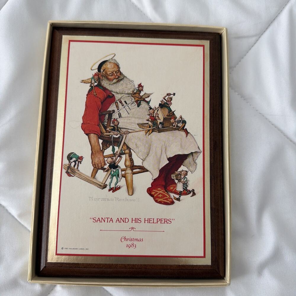 Hallmark Norman Rockwell Wood Plaque “Santa and His Helpers” Original Box 1983